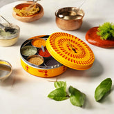 Hand Painted Spice Box With 7 Compartments - Yellow